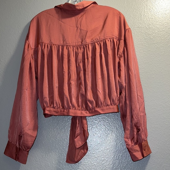 (L) EXPRESS Satin Tie Front Cropped Shirt - Picture 6 of 11